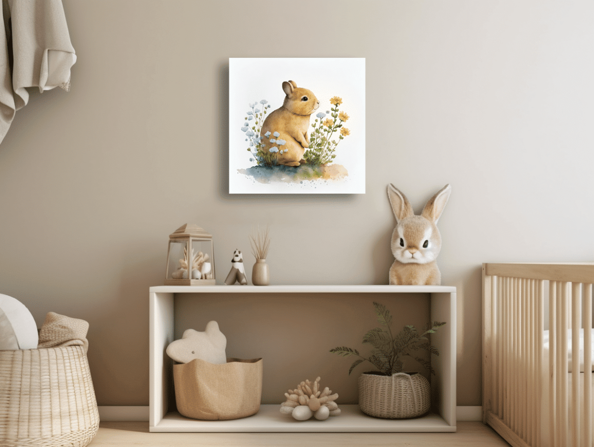 MOCKUP 3 16x16 Watercolor rabbit near a flower on a single square frame in woodland animal