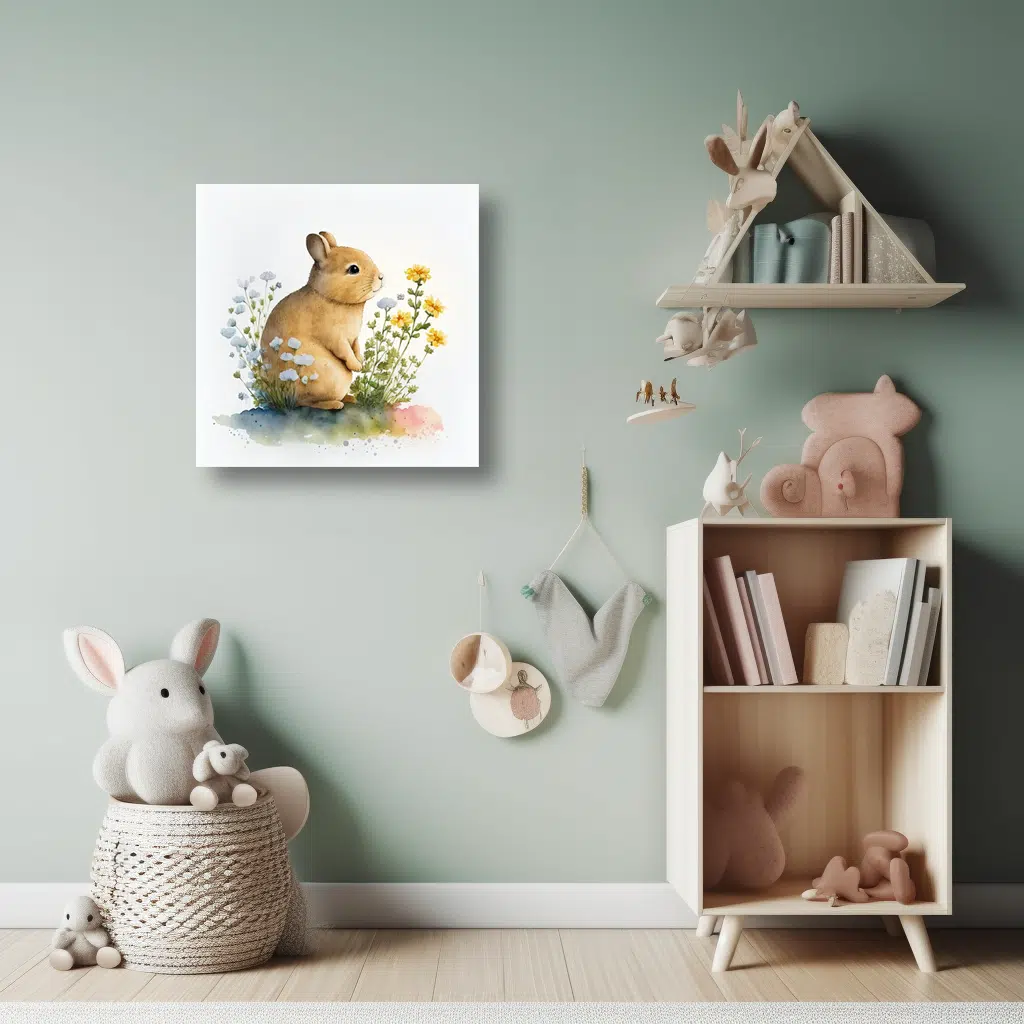 MOCKUP 4 - 16x16 Watercolor rabbit near a flower on a nursery room wall art canvas mockup