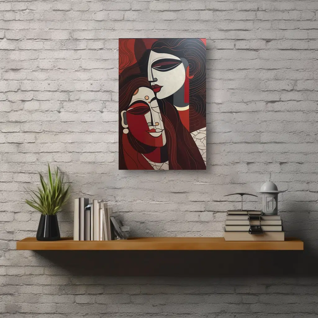 MOCKUP 5 - 12x18 red man and woman on a wood frame above shelf