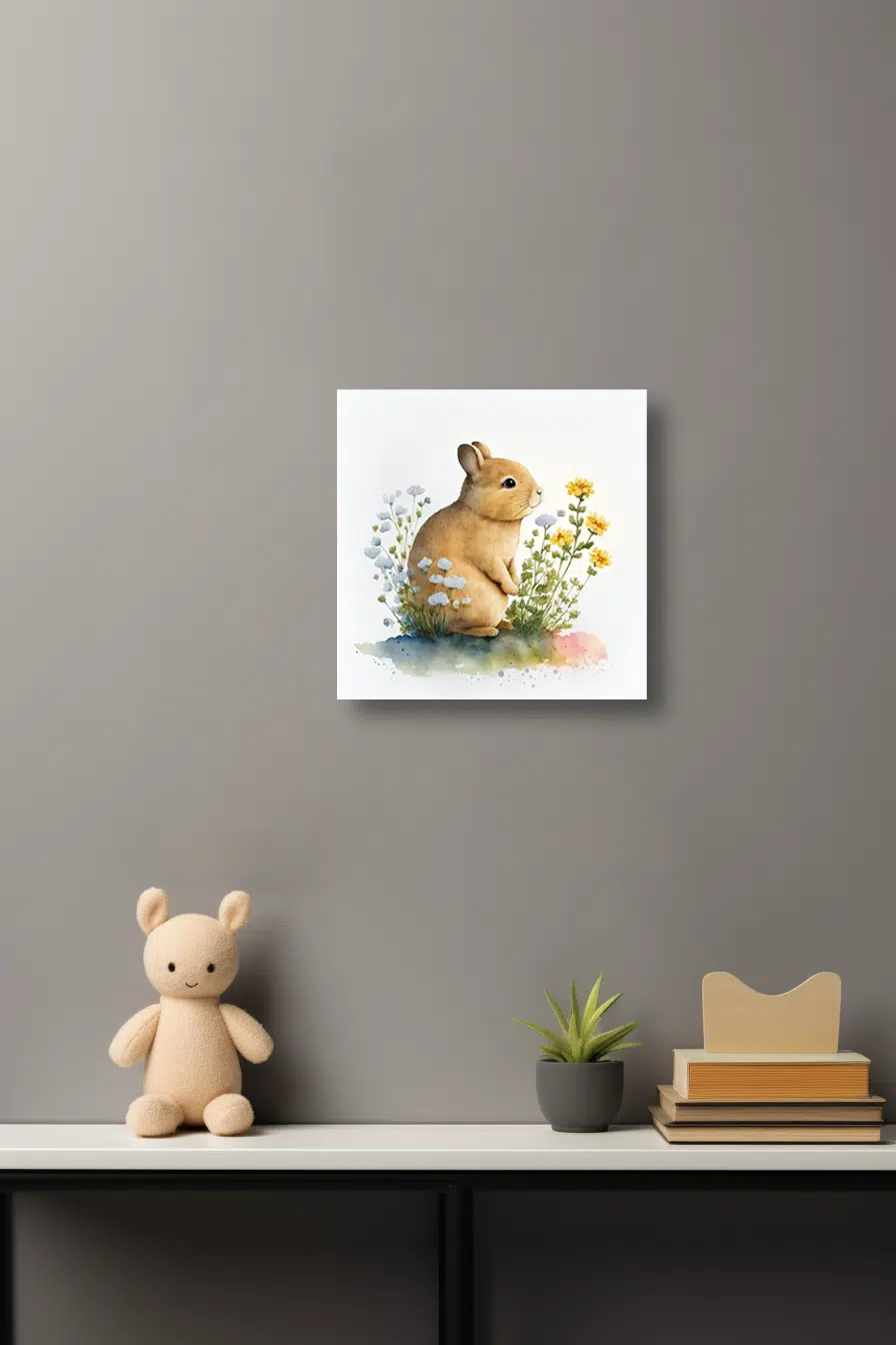 MOCKUP 5 - 16x16 Watercolor rabbit near a flower on a nursery wall art canvas empty gray wall