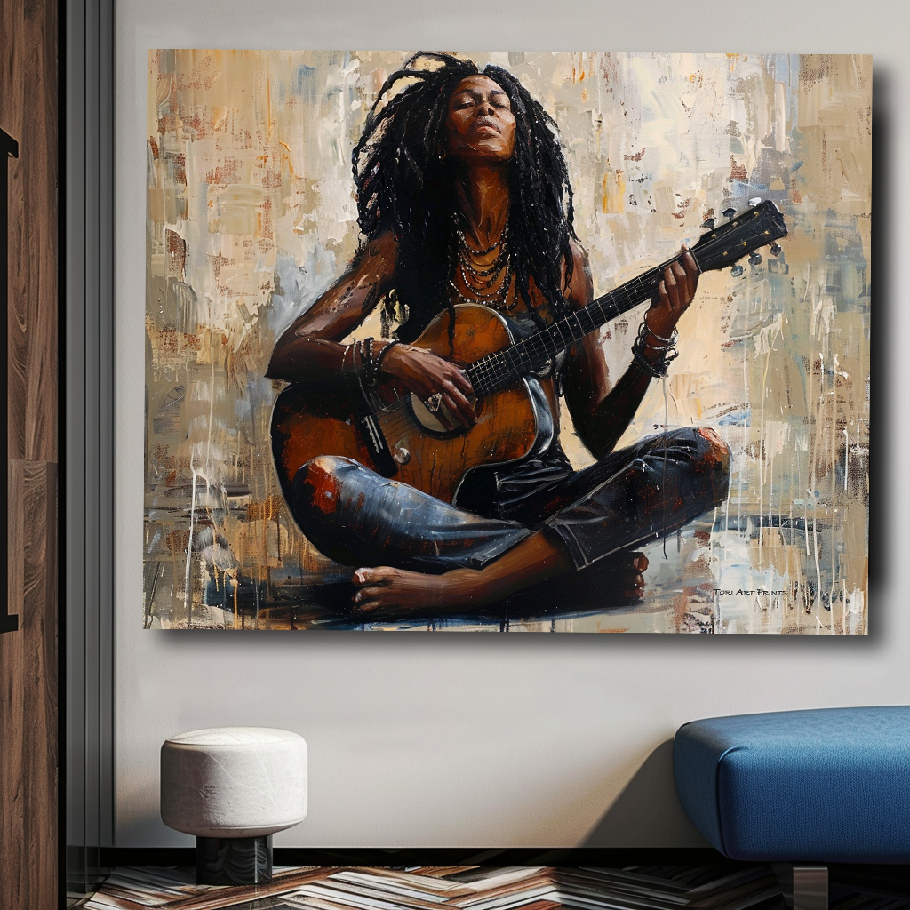 2Black Artwork of black woman playing guitar - mockup with blue bench