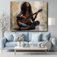 2Black Artwork of black woman playing guitar - mockup with blue couch