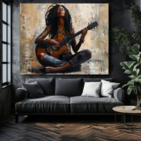 2Black Artwork of black woman playing guitar - mockup with gray couch