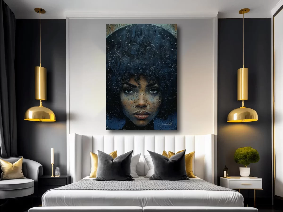 Black artwork of woman with afro on bedroom mockup