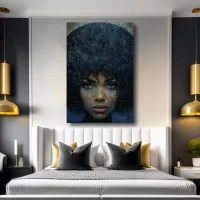 Black artwork of woman with afro on bedroom mockup