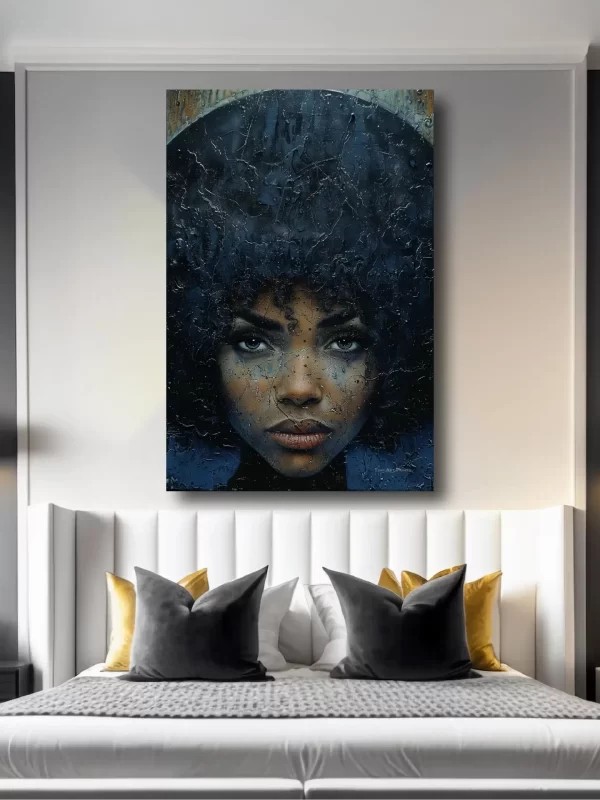 Black artwork of woman with afro on bedroom mockup