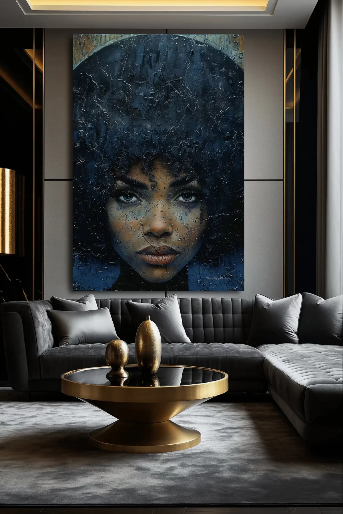 Black artwork of woman with afro on black sofa mockup