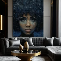 Black artwork of woman with afro on black sofa mockup