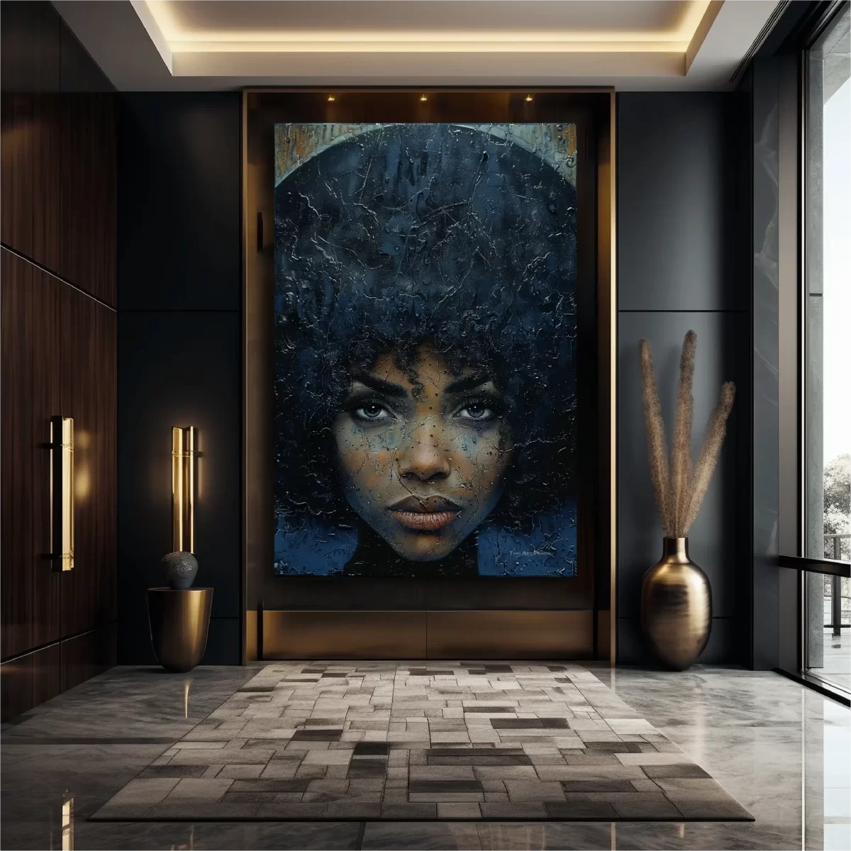 Black artwork of woman with afro on brown wall mockup