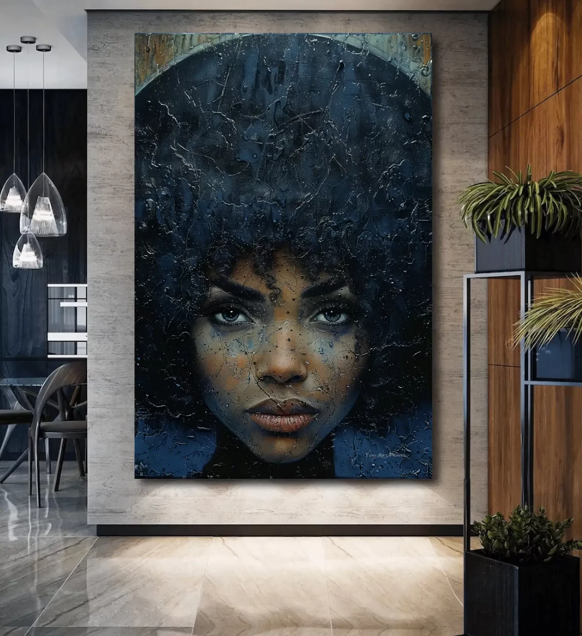 Black artwork of woman with afro on tan wall mockup