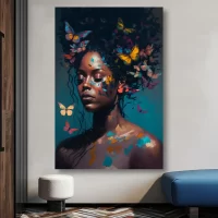 Black Artwork of Black Woman and Butterflies Mockup with Blue Sofa