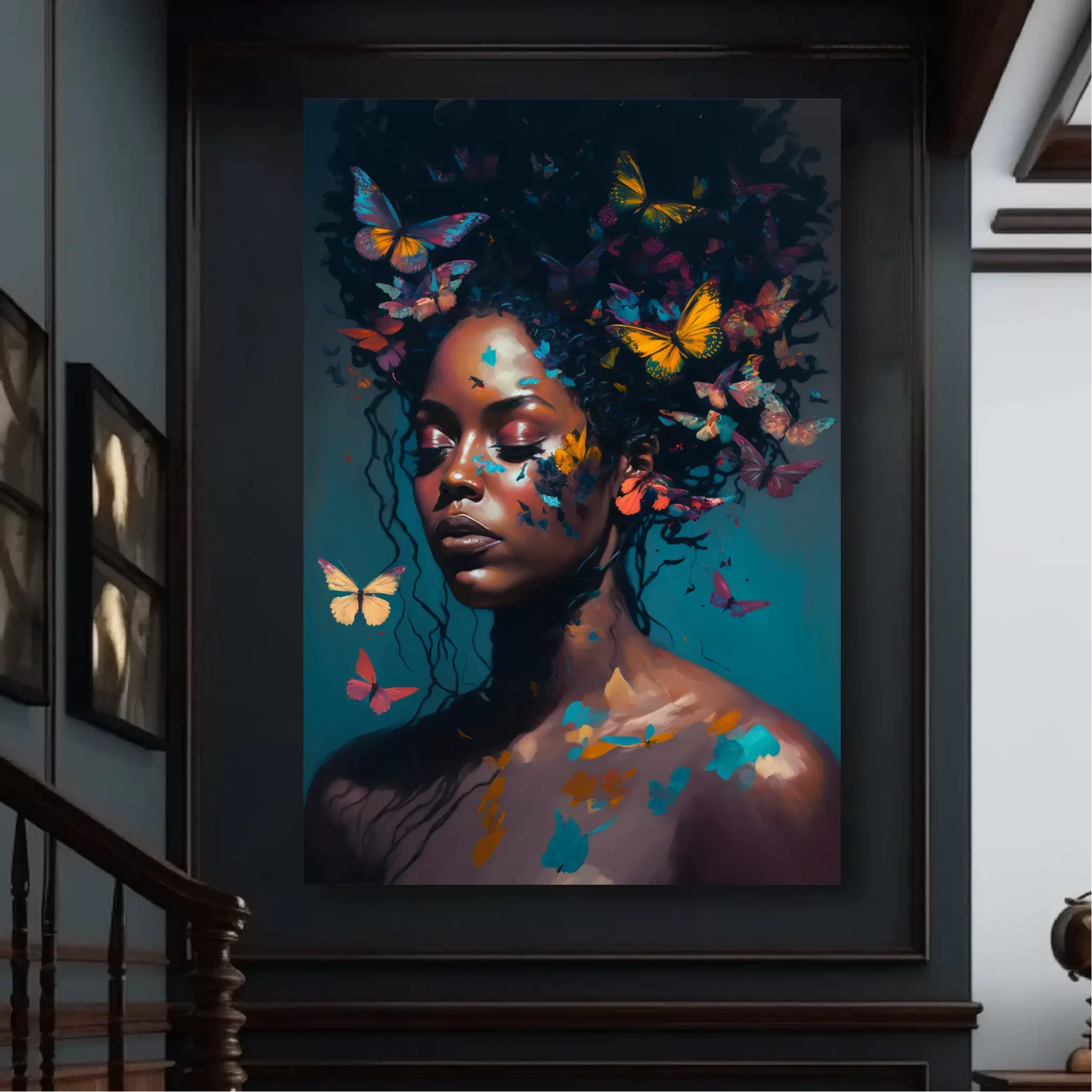 Black Artwork of Black Woman and Butterflies Mockup with Stairs