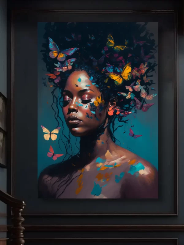 Black Artwork of Black Woman and Butterflies Mockup with Stairs