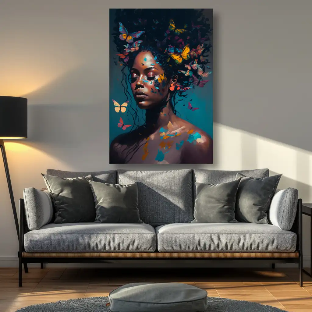 Black Artwork of Black Woman and Butterflies Mockup with White Sofa