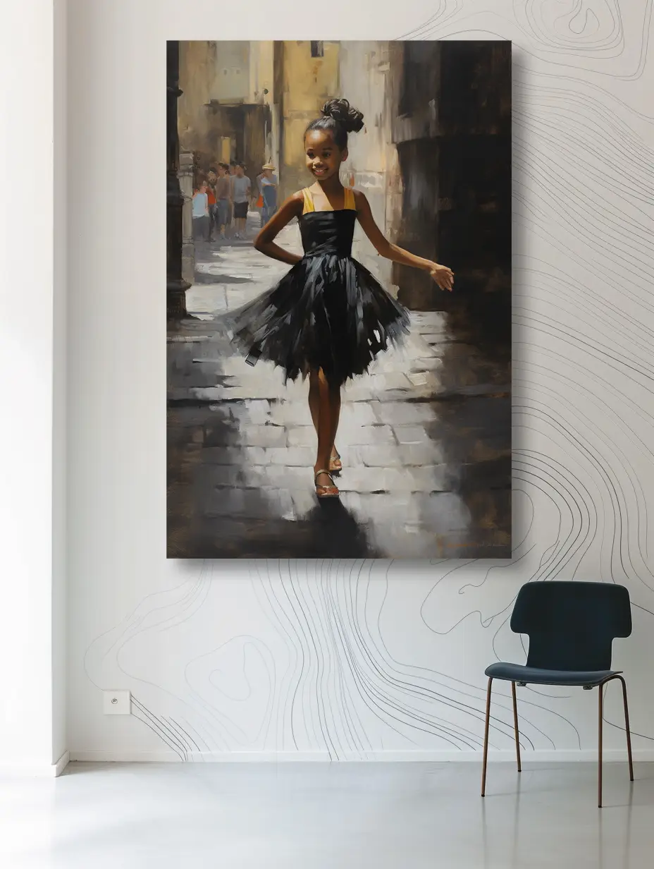 Black Artwork of Black girl dancing down street - mockup white wall