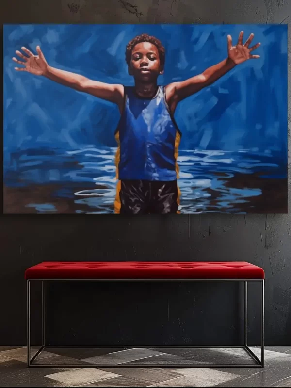 Black Artwork of Boy with arms outstretched - mockup with red bench