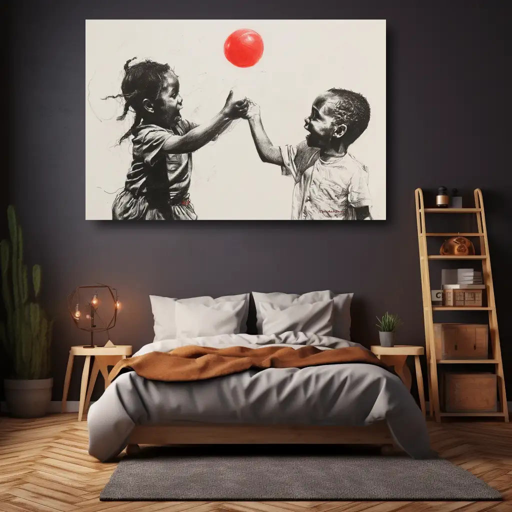 Black Artwork of a little black girl and boy playing with a red ball - mockup of bedroom