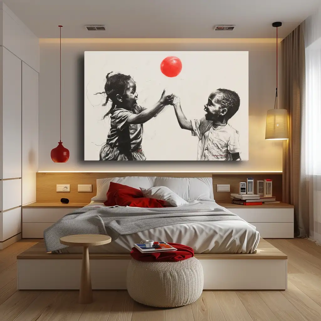 Black Artwork of a little black girl and boy playing with a red ball - mockup of beige wall