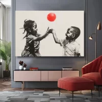 Black Artwork of a little black girl and boy playing with a red ball - mockup of gray wall