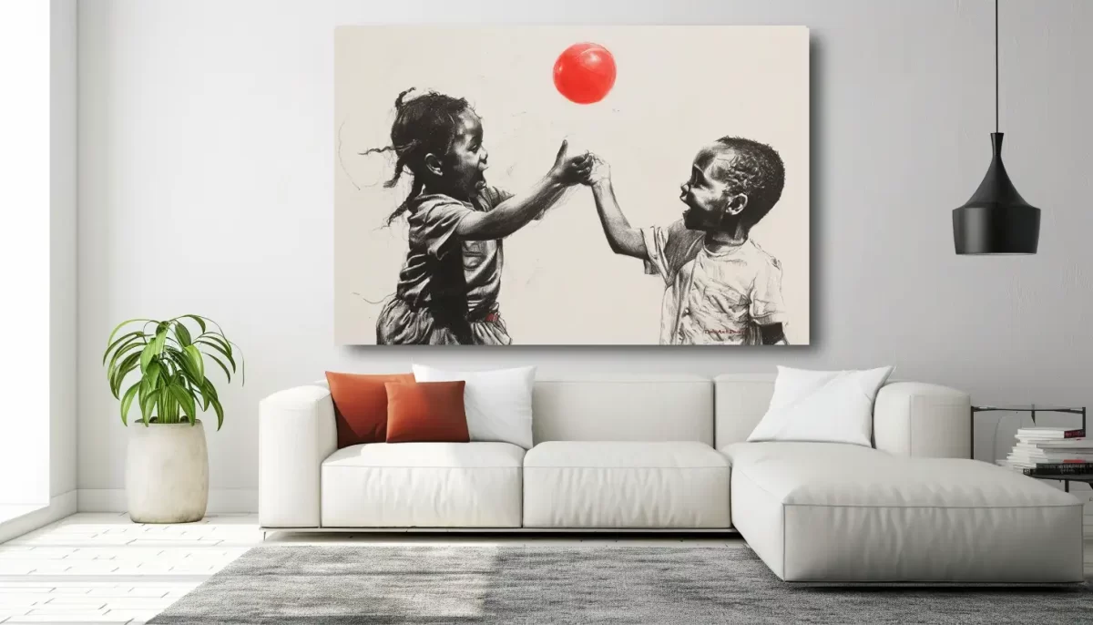 Black Artwork of a little black girl and boy playing with a red ball - mockup of livingroom