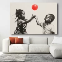 Black Artwork of a little black girl and boy playing with a red ball - mockup of livingroom