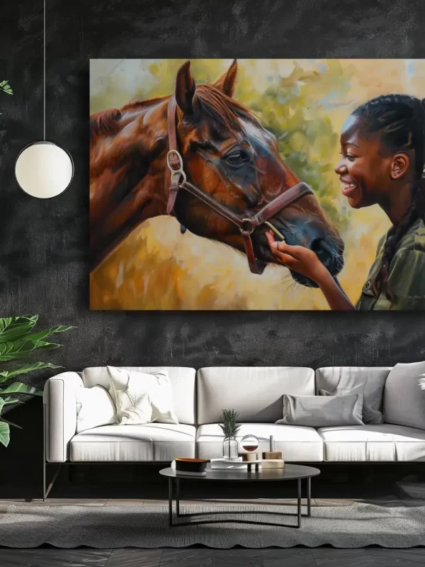 Black Artwork of a young girl and her horse - mockup of dark gray wall