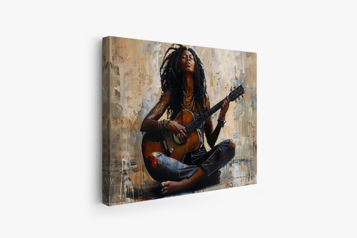 Black Artwork of black woman playing guitar - mockup 2