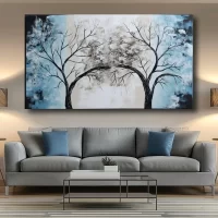 Black Artwork of blue and brown tree - mockup of blue pillows