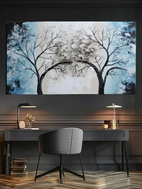 Black Artwork of blue and brown tree - mockup of dark gray wall