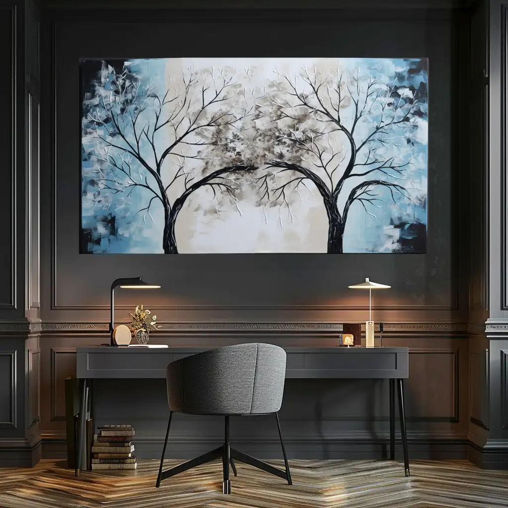 Black Artwork of blue and brown tree - mockup of dark gray wall