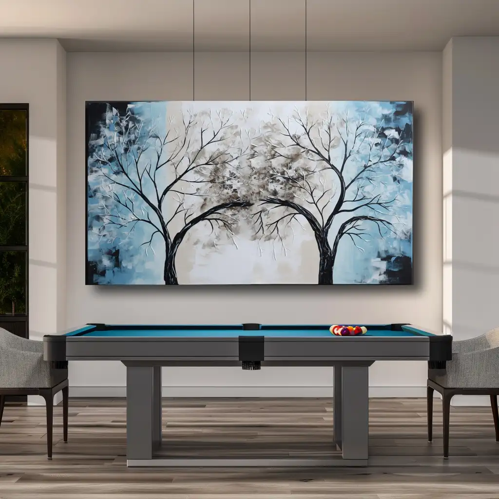 Black Artwork of blue and brown tree - mockup of pool table