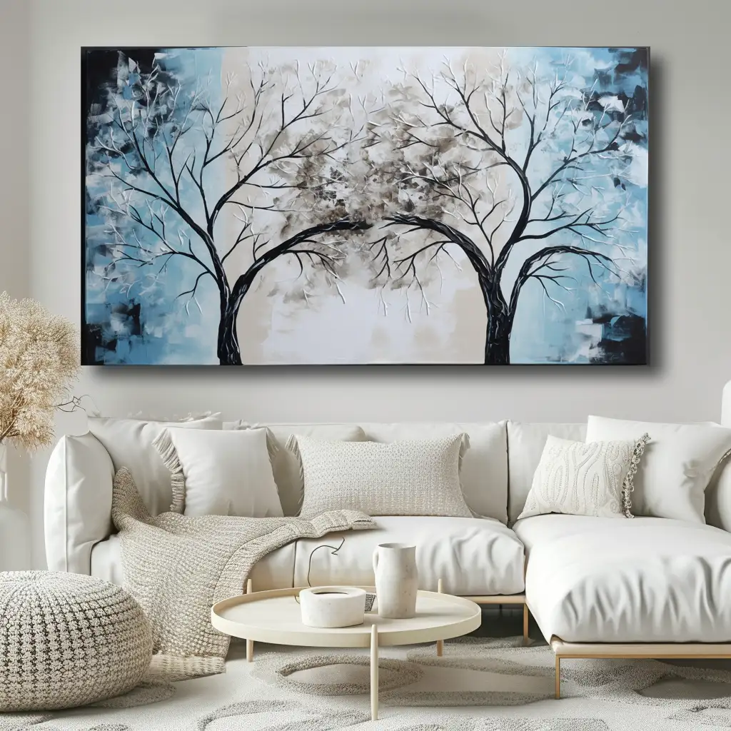 Black Artwork of blue and brown tree - mockup of white sofa