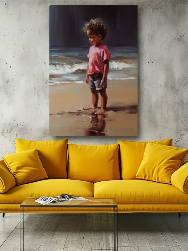 Black Artwork of boy looking at sand - mockup with yellow couch