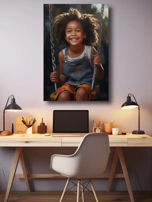 Black Artwork of girl on swing - mockup with desk