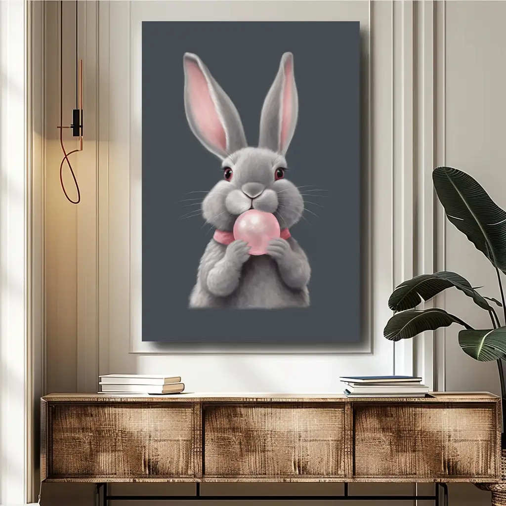 Black Artwork of gray bunny - mockup of beige wall