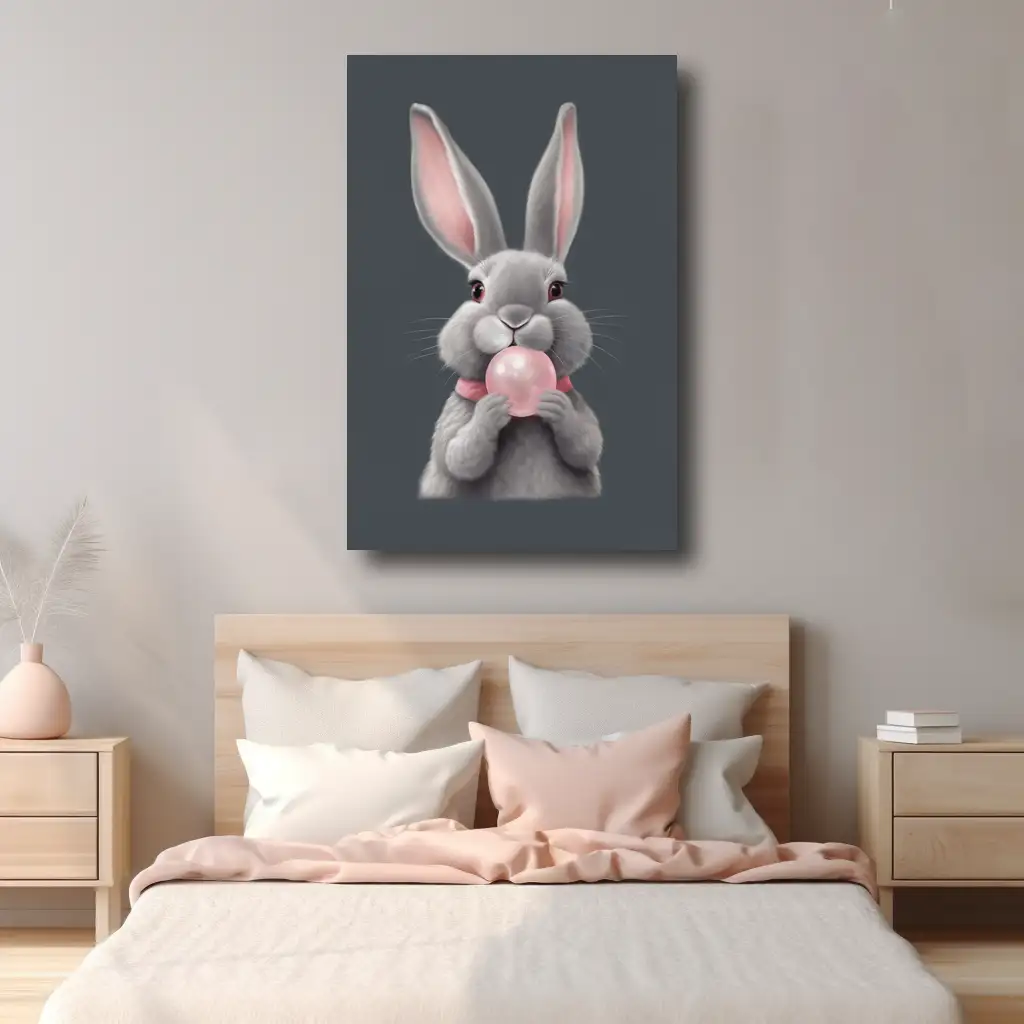 Black Artwork of gray bunny - mockup of pink bedroom