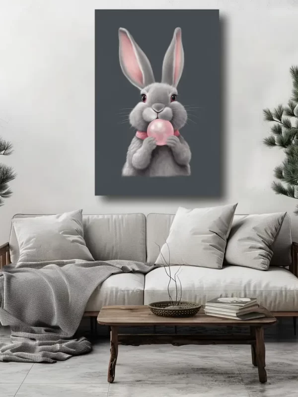 Black Artwork of gray bunny - mockup of white couch