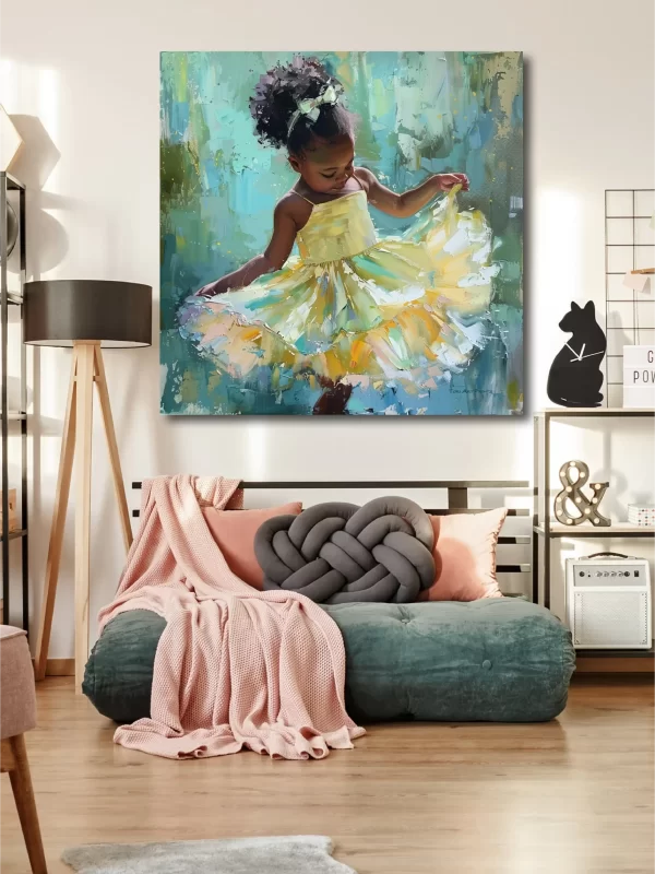 Black Artwork of little black girl twirling her dress on a white wall mockup