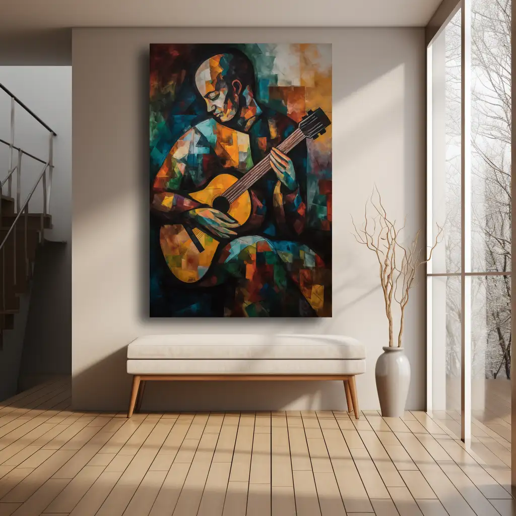 Black Artwork of man playing guitar - mockup with beige wall