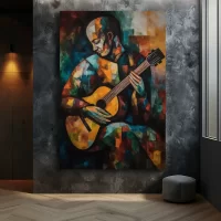 Black Artwork of man playing guitar - mockup with gray wall