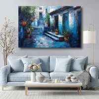 Black Artwork of moroccan walkway architecture in blue - mockup with blue sofa