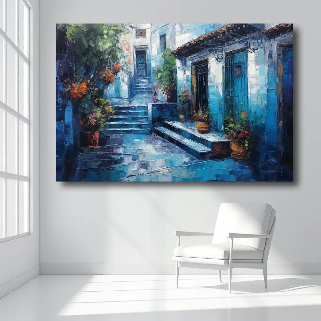 Black Artwork of moroccan walkway architecture in blue - mockup with white chair