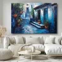 Black Artwork of moroccan walkway architecture in blue - mockup with white sofa