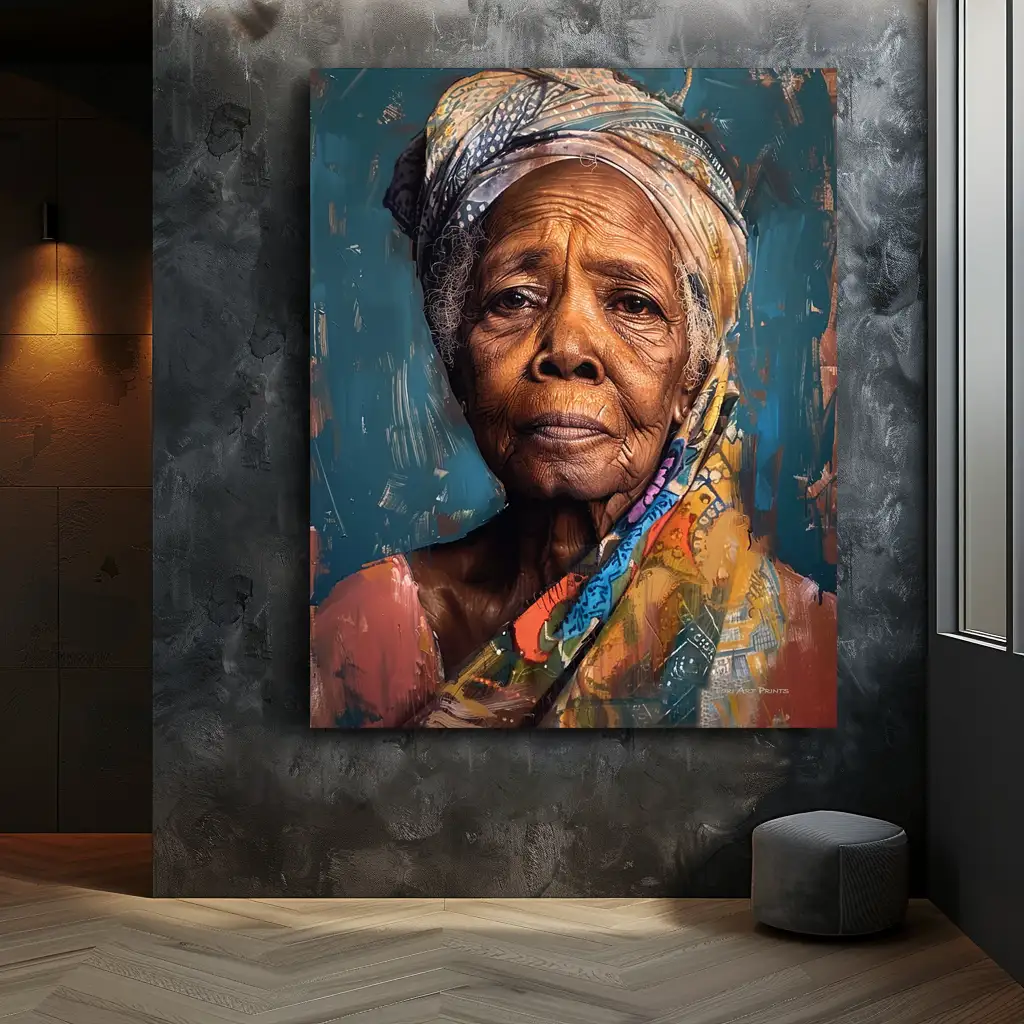 Black Artwork of older black woman - mockup of dark gray wall