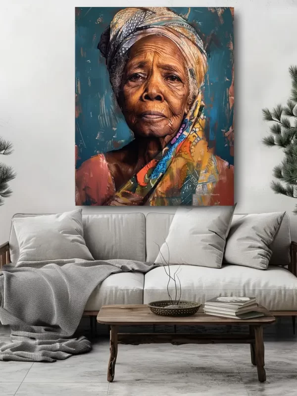 Black Artwork of older black woman - mockup of white couch