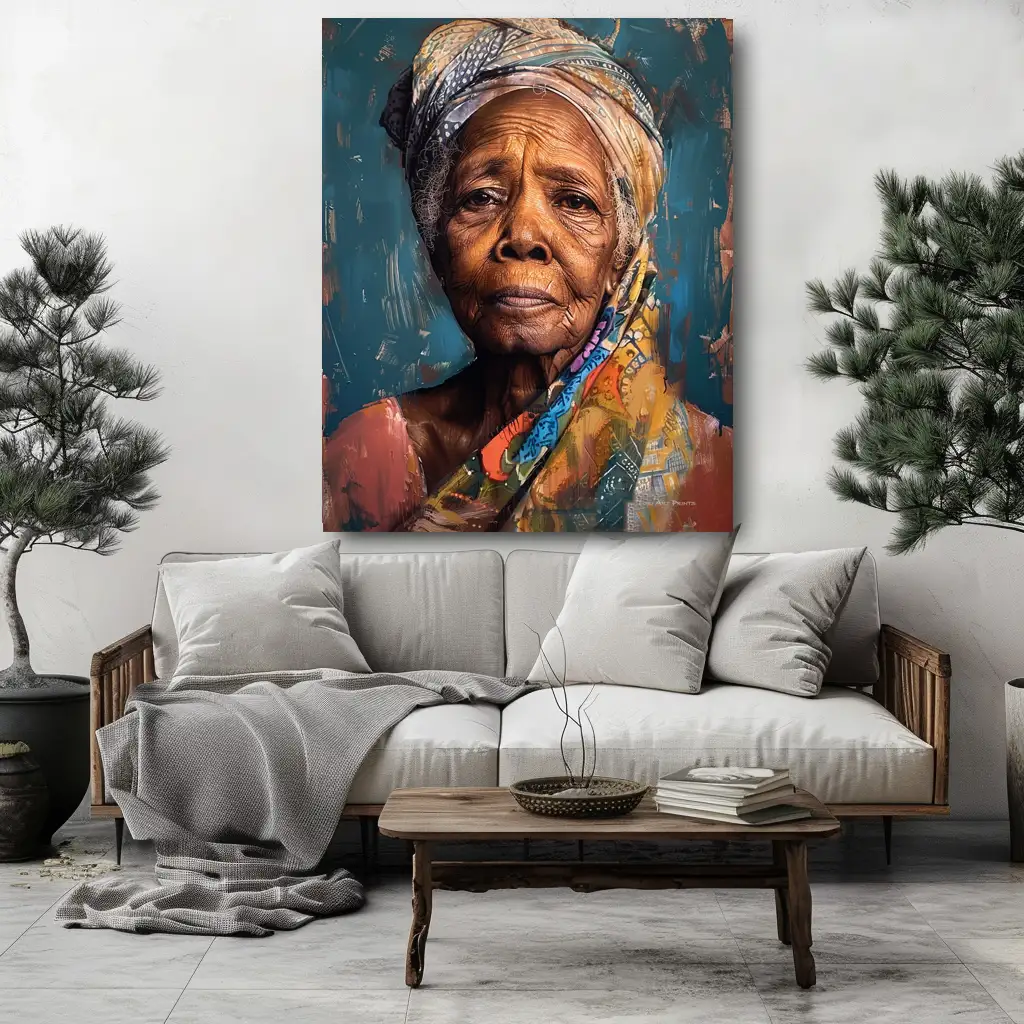 Black Artwork of older black woman - mockup of white couch