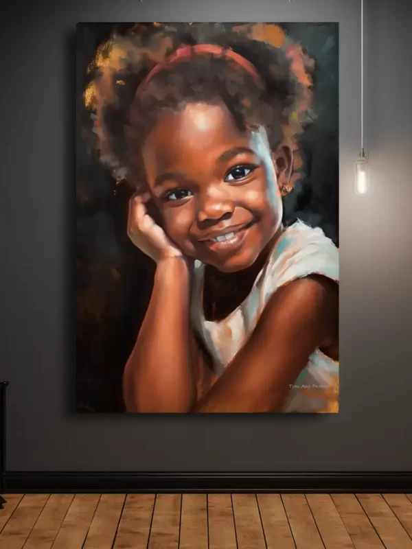 Black Artwork of smiling girl - mockup with dark gray wall