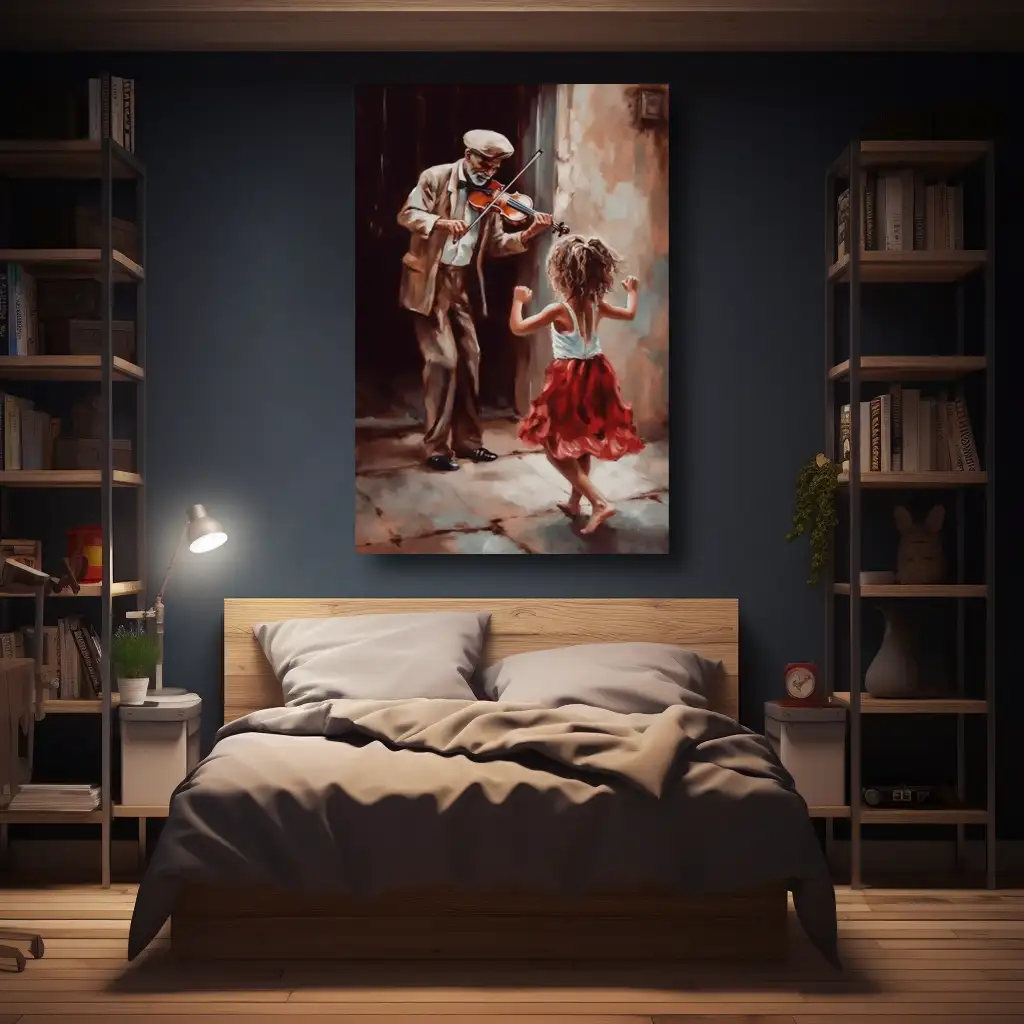 Black Artwork of violin man - mockup of blue bedroom