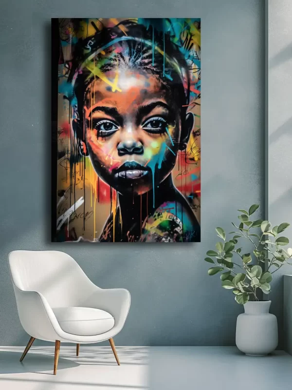 Black Artwork of young girl graffiti - mockup with white chair