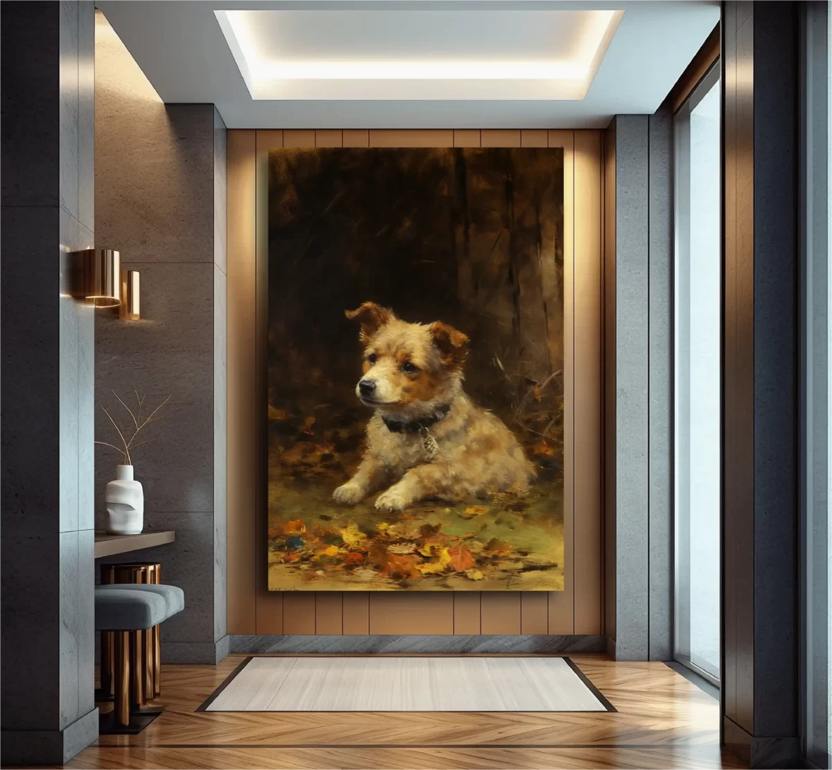 Black art of Goodwin Puppy on brown wall mockup